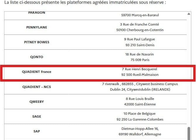 Quadient immatriculé PA dans l'annuaire