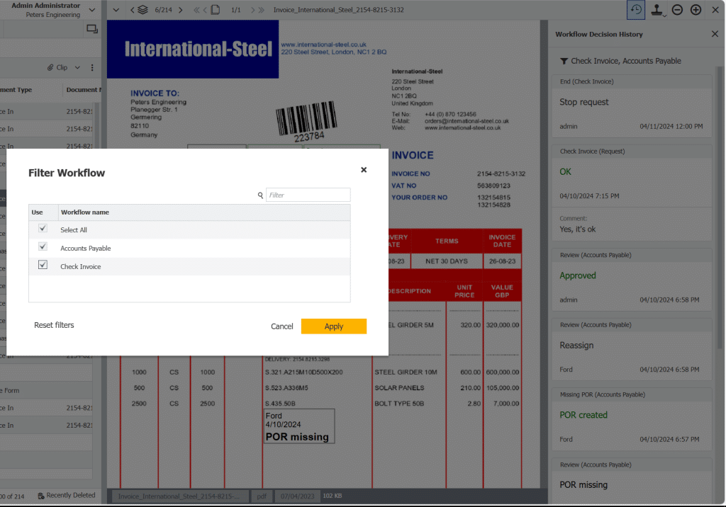 Capture d'écran de l'outil DocuWare et de sa visionneuse