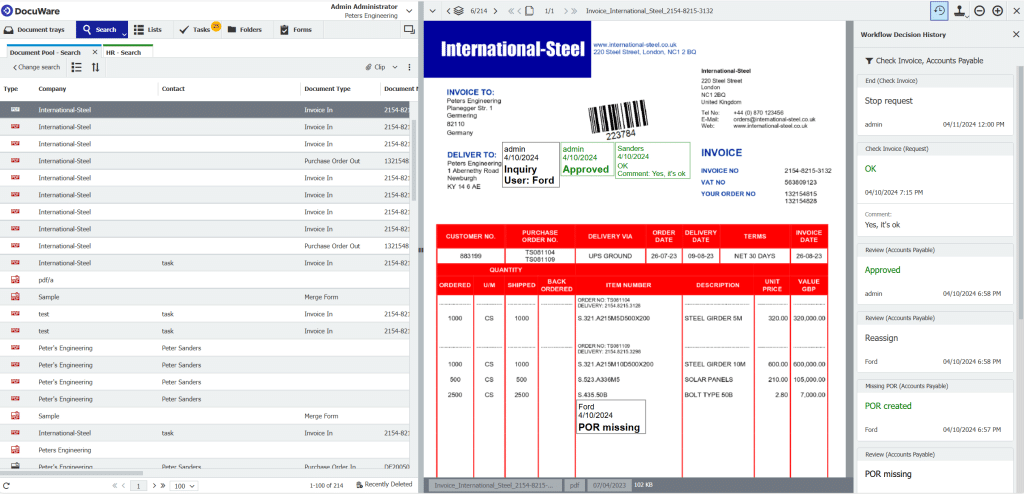 Capture d'écran de l'outil DocuWare et de sa visionneuse