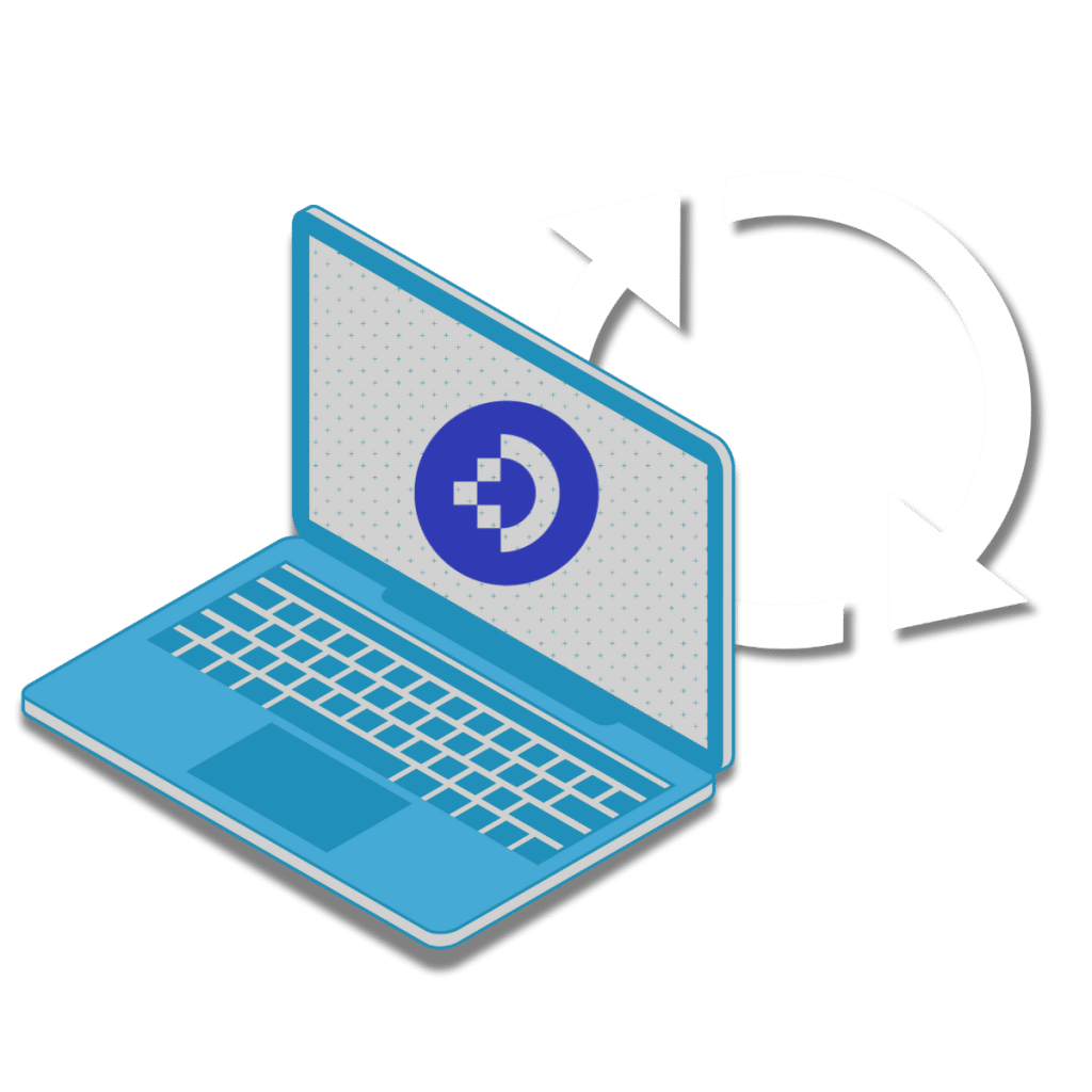 Ordinateur avec un logo docuware et des flèche de mise à jour