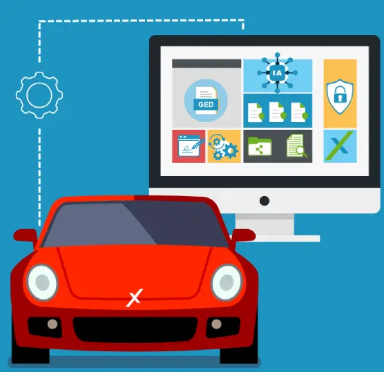 voiture rouge sur fond bleu connectée à un ordinateur